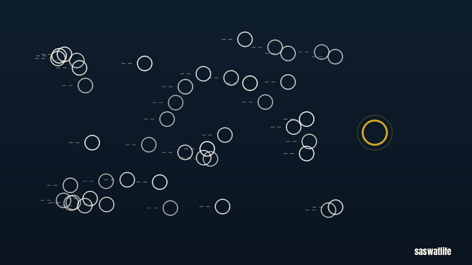 A crowd of circles drifting in one direction while a single gold circle stands still, apart.